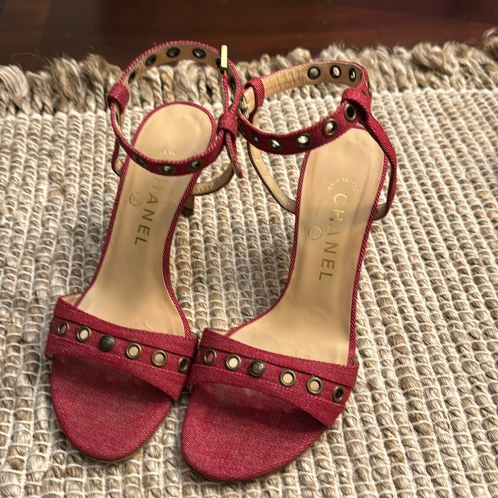 CHANEL Red Studded Ankle Strap Heeled Sandals